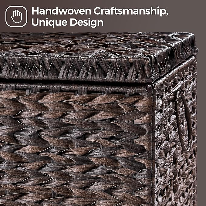 Handwoven Storage Basket with Lid, 165L Plastic Rattan Storage Bin, Leather Buckle & Metal Frame, Large Metal Ring Handles, Storage Trunk for Bedroom, Laundry Room-Ruum Studio Home