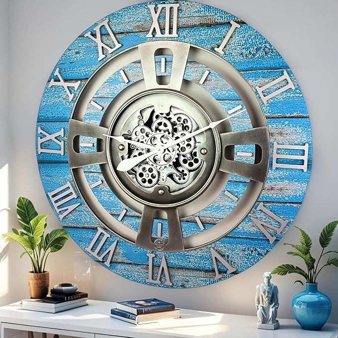The Gears Clock Real Moving Gear Wall Clock England Line (Ocean Blue, 24 inches (60 cm))-Ruum Studio Home