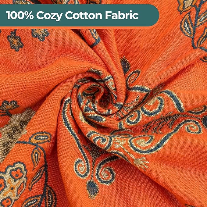 Throw Blanket for Couch Bed Chair,100% Cotton Soft Lightweight Blanket Rustic Quilt -Orange Floral Printed Farmhouse Decor Bed All Season Blankets,90"×98"-Ruum Studio Home