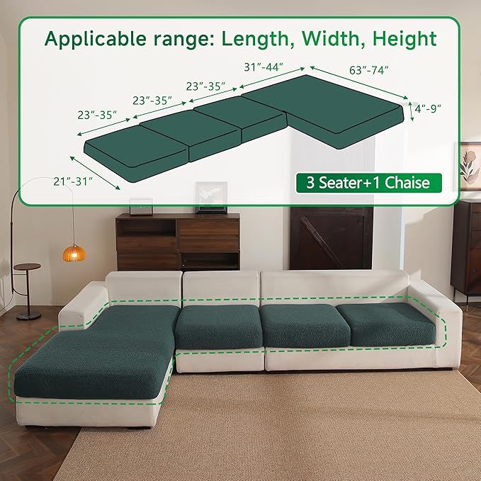 Couch Cushion Covers for Sectional Sofa, Stretch Soft Sofa Slipcovers Washable Wear-Resistant Universal Furniture Protector for Living Room(3 Seaters Covers+1 Chaise Cover, Green)-Ruum Studio Home