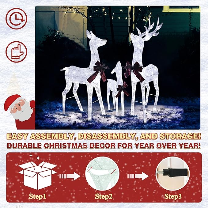 4.5FT Lighted Reindeer Family Set for Christmas Decoration, 3 Pieces Pre-Lit Iridescent Deer Xmas Decor with 200 LED Lights, 3D Glittered Standing Holiday Display for Outdoor, Indoor, White-Ruum Studio Home