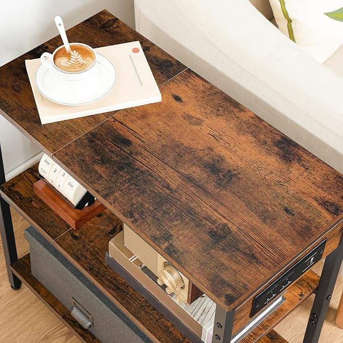 HOOBRO End Table with Charging Station, Simple Rustic Side Table with 3-Tier Storage Shelf, Narrow Nightstand for Small Spaces, for Living Room, Industrial Design, Rustic Brown and Black BF149UBZ01