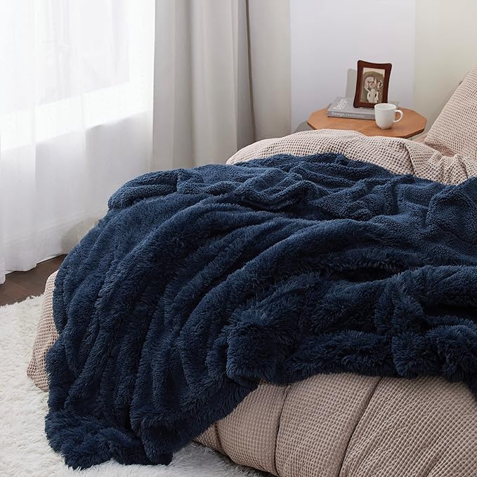 Bedsure GentleSoft Fluffy Navy Blue King Size Blanket for Bed, Thick Soft Sherpa Faux Fur Fleece Bedding Fuzzy Plush Winter Warm Heavy Large King Blanket, Cozy Blue Gifts for Men Women, 108x90-Ruum Studio Home