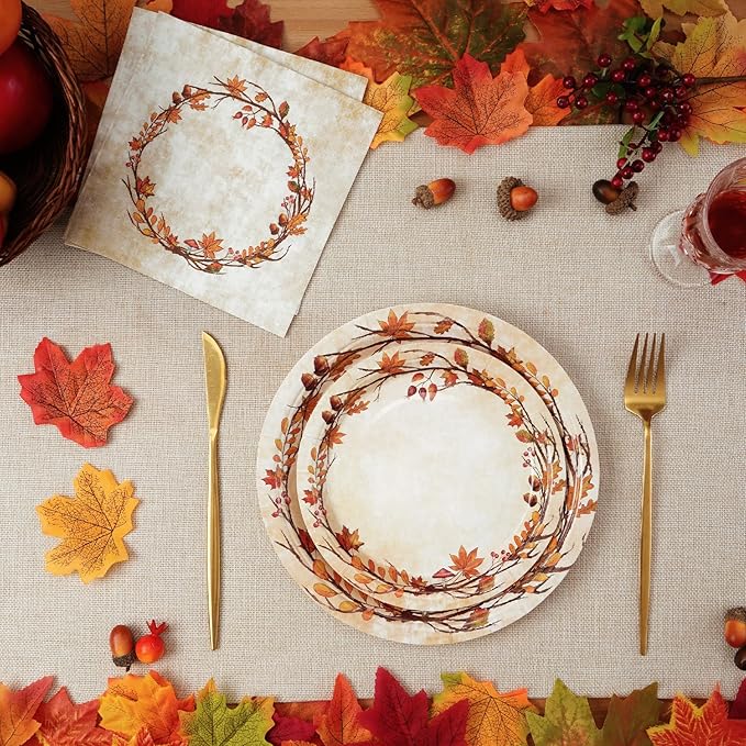 Homlouue 200 Pcs Fall Paper Plates and Napkins, Watercolor Disposable Dinnerware Set, Autumn Leaves Thanksgiving Party Supplies, Serve 50 Guests-Ruum Studio Home