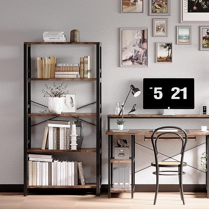 IRONCK Bookshelves and Bookcases, 31.5in Wide Shelf 5-Tier Ladder Shelf 110lbs/shelf Vintage Industrial Style Bookcase for Bedroom Living Room Home, Vintage Brown-Ruum Studio Home