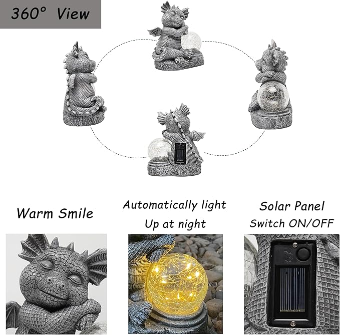 Garden Dragon Figurine Solar Powered Outdoor Cute Dragon with Hold Glowing Glass Ball Resin Sculpture for Porch Patio Lawn Farm Yard Home Decoration Gift for Women Housewarming-Ruum Studio Home