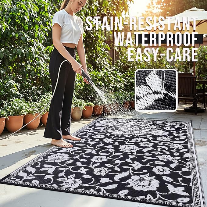 OLANLY Waterproof Outdoor Rug 9x12 ft, Outdoor Plastic Straw Rug with Flower Pattern, Reversible RV Mat for Patio, Camping, Balcony, Deck, Backyard, Black & White-Ruum Studio Home