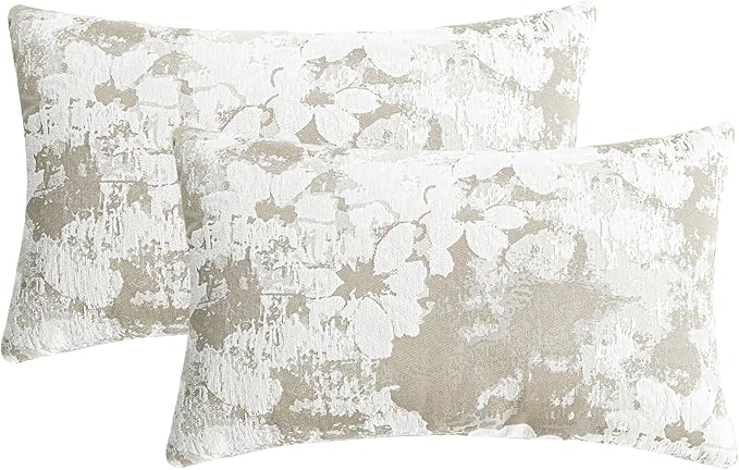 Jacquard Throw Pillow Covers 12x20 Inch Set of 2 - Vintage Floral Boho Pillow Cases with Botanical Pattern | Farmhouse Decor for Couch | Soft Textured Neutral Trio Light Khaki Warm Beige 12" x 20"-Ruum Studio Home
