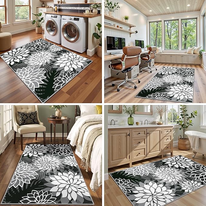 Area Rug 3x5 Black White Washable Entry Rug Multicolored Tropical Botanical Modern Floral Indoor Kitchen Door Mat Entrance Carpet Non Slip for Bedroom Living Room, Porch-Ruum Studio Home