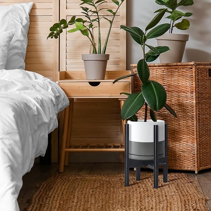D'vine Dev Ceramic Planter with Ebony Stand - 8 Inch Modern Round Flower Pot with Wood Planter Holder, White/Grey, 55-B-M-6-Ruum Studio Home