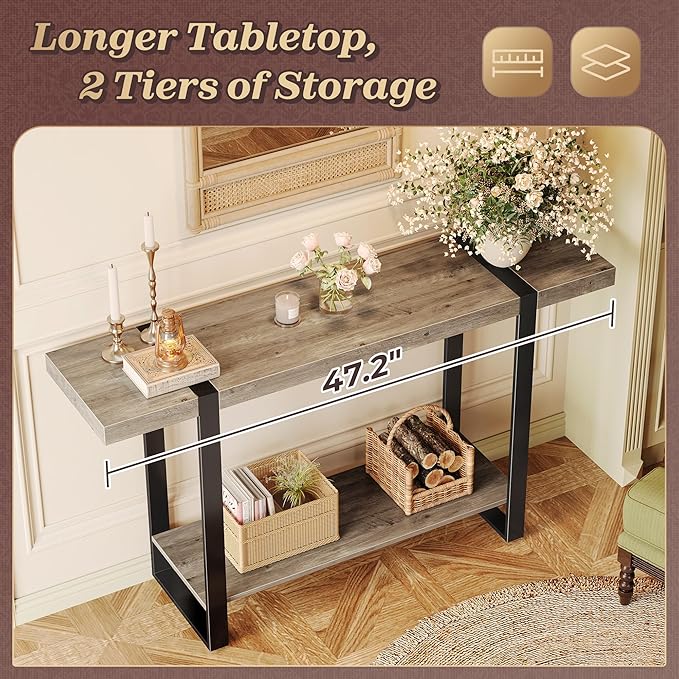 Huuger 47.2 Inch Entryway Table, 2-Tier Industrial Console Sofa Table with Storage, Accent Table, for Entry, Hallway, Entrance, Foyer, T-Shaped Metal Frame, Grey-Ruum Studio Home