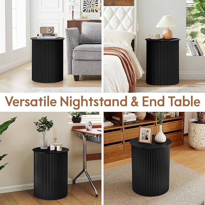 AVZEAR Fluted Round Side Table Small Mid Century End Table, 17.7" Fluted Nightstands Modern Circle Bedside Tables, Black Wood Night Stand for Small Spaces, Living Room, Bedroom (Black)-Ruum Studio Home