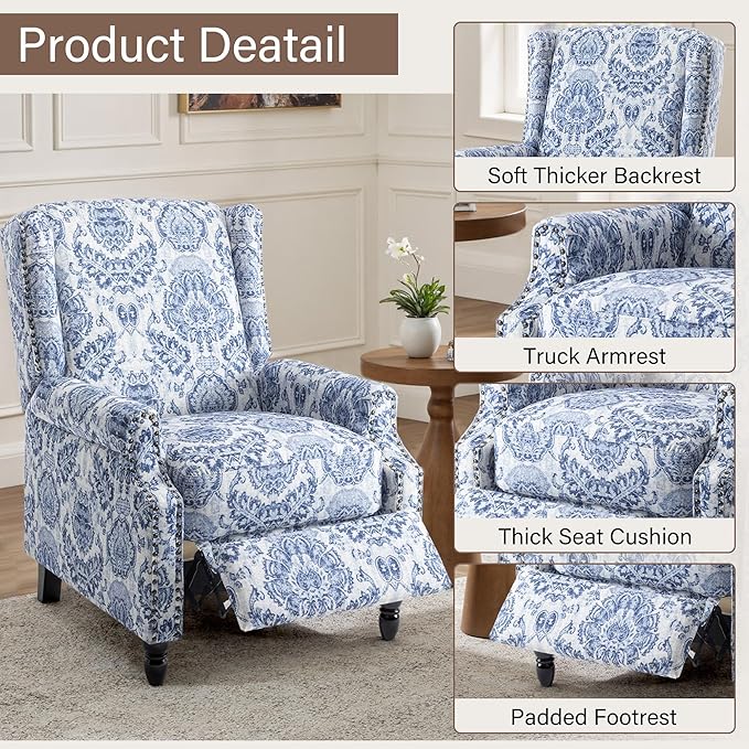 UIXE Floral Pushback Recliner Chair, Fabric Upholstered Armchair Push Back Accent Chair for Living Room, Rivet Trim Club Chair Home Theater Single Sofa Reading Seat - Navy Blue-Ruum Studio Home