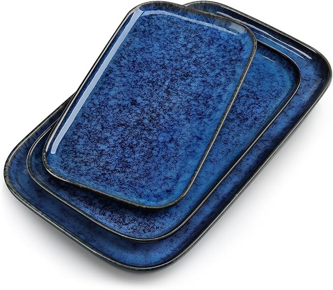 vancasso Stern Serving Platters Set of 3, 15/13/ 11 Inches Rectangular Serving Plates, Blue Serving Trays for Entertaining, Party-Ruum Studio Home