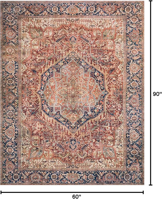 Loloi Layla Collection LAY-08 Red/Navy 5'-0" x 7'-6" .13" Thick Area Rug, Soft, Durable, Vintage Inspired, Distressed, Low Pile, Non-Shedding, Easy Clean, Printed, Living Room Rug-Ruum Studio Home