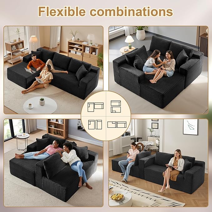 108" Sectional Couches for Living Room Modern Modular Sofa with L-Shape Couchs Upholstered Boneless Couch Deep Seat Sectional Couch with Chaise (Black, Left Facing Chaise+2Seaters)-Ruum Studio Home