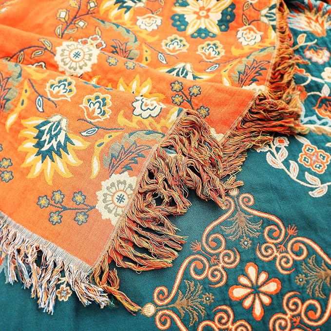 Boho Large Throw Blanket, 100% Organic Cotton Breathable Soft Bed Throw - Floral Farmhouse Decor Blanket for Sofa Couch Chair and Gift. 91" x 98"- Orange-Ruum Studio Home