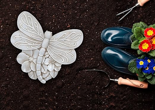 NAT & Jules Animal Character Shaped Dimensional Indoor Outdoor 11 inch Cast Resin Decorative Garden Stepping Stone, Patio, Walkway Sculpture Yard Art, Stone Grey Dragonfly-Ruum Studio Home