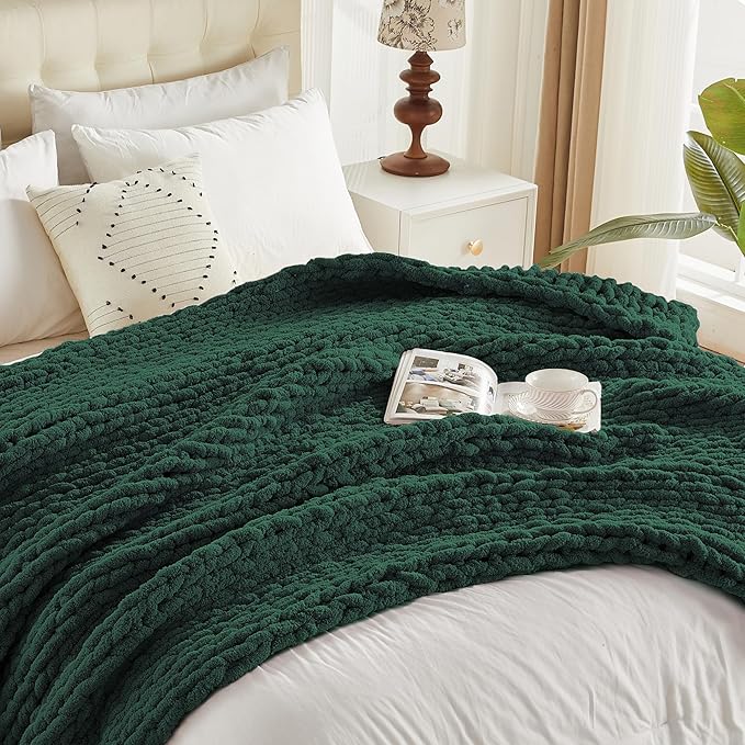 Carriediosa Chunky Knit Throw Blanket 60" X 80" Twin, 100% Hand Made Large Chenille Loop Yarn Soft Fluffy Throws for Couch Sofa Bed, Big Crochet Cozy Heavy Thick Cable Woven Blankets, Dark Green-Ruum Studio Home