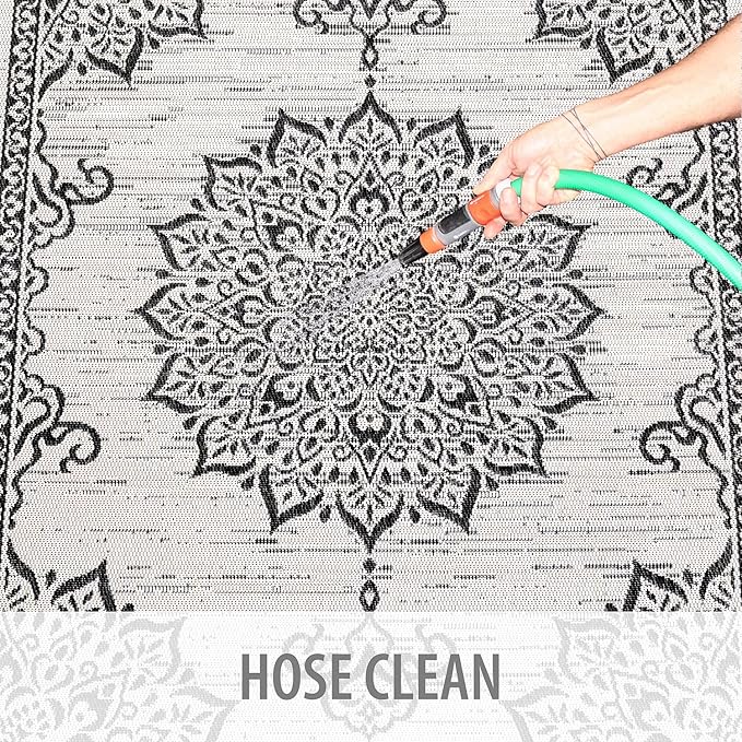 CAMILSON Outdoor Rug, 8x10 Medallion White Black Modern Area Rugs for Indoor and Outdoor Patios, Kitchen and Hallway Mats, Washable Porch Deck Outside Carpet (Medallion White, 8 x 10)-Ruum Studio Home