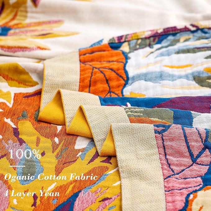 Boho Large Throw Blanket, 100% Organic Cotton Breathable Soft Bed King Throw - Fall Floral Bird Butterfly Farmhouse Decor Blanket for Sofa Couch Chair and Gift. 91" x 98"-Ruum Studio Home