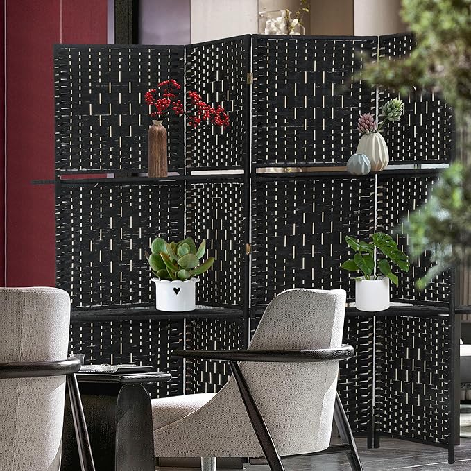 Room divider 4 panel Room Screen Divider Wooden Screen Folding Portable Partition Screen Wood with Removable Storage Shelves Color,Black-Ruum Studio Home