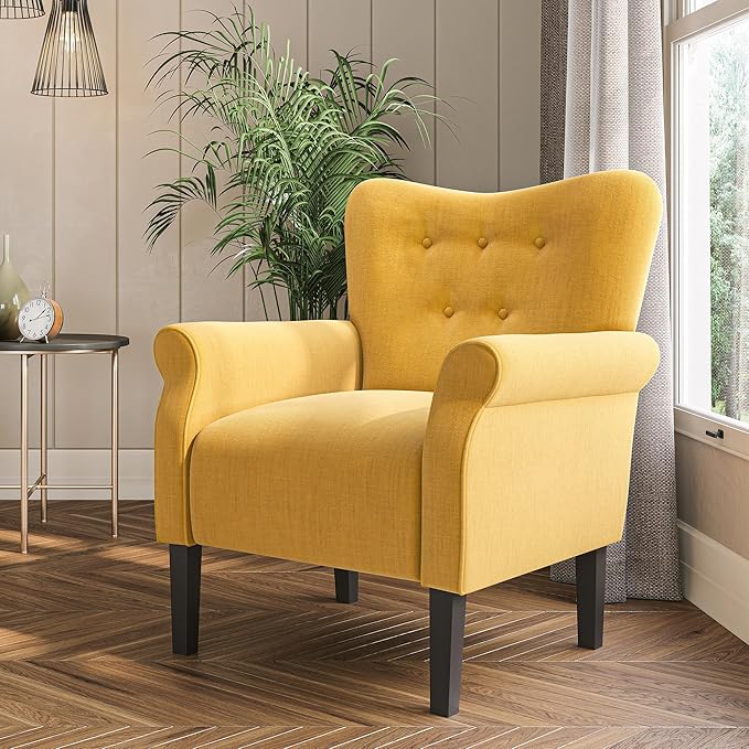 BELLEZE Modern Accent Chair, High Back Armchair, Upholstered Wingback Side Chair, Padded Single Sofa with Wooden Legs for Living Room, Bedroom - Citrine Yellow-Ruum Studio Home