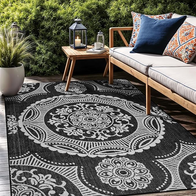 Medallion Outdoor Rug 9x12 Washable Outside Carpet for Indoor Patio Porch Waterproof Easy Cleaning Non Shedding Area Rugs Black 9 x 12-Ruum Studio Home