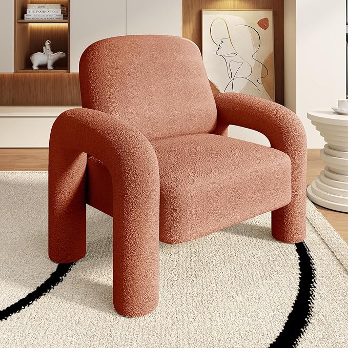Modern Sherpa Accent Chair, Teddy Upholstered Arm Single Sofa, Cozy Fluffy Reading Chair for Living Room, Bedrooms, Corner (Orange)-Ruum Studio Home