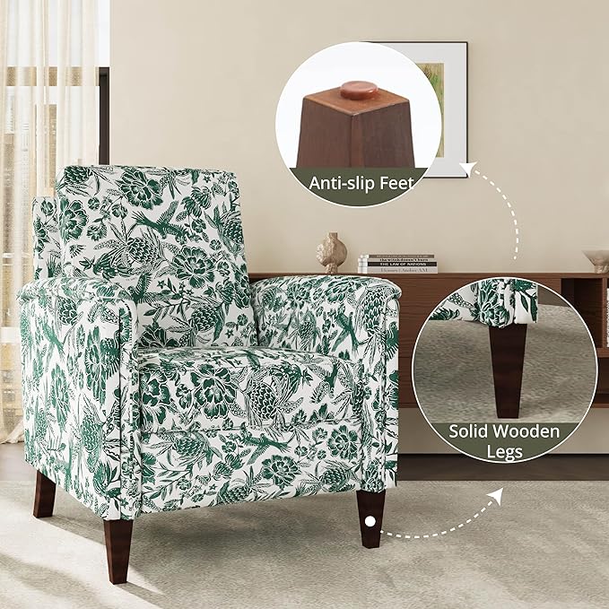 Floral Accent Chair, High Back Upholstered Armchair with Solid Wooden Legs, Padded Armrest and Removable Comfortable Cushioned Seat Single Sofa for Living Room, Bedroom, Green-Ruum Studio Home