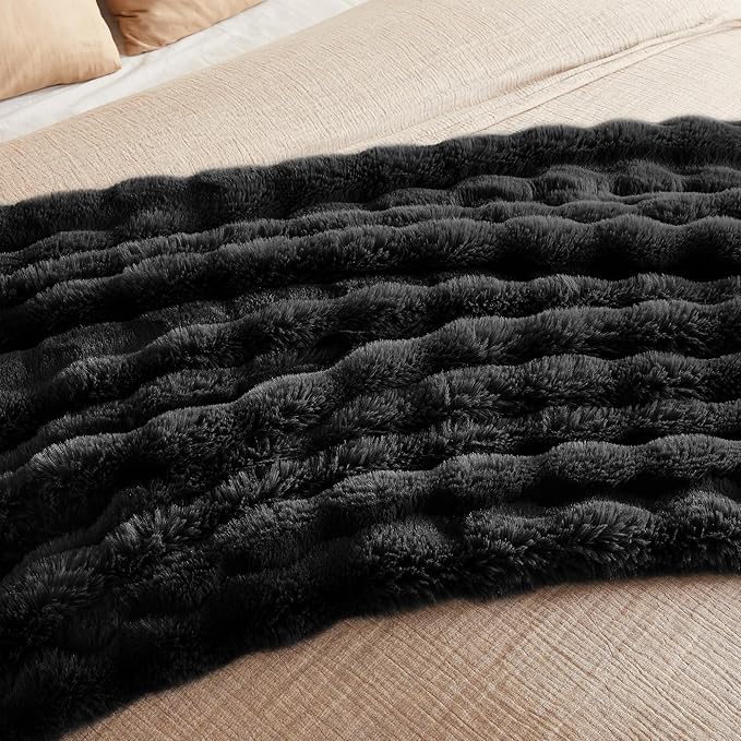 JELLYMONI Faux Fur Throw Blanket - Plush Black Cozy Blanket for Couch & Bed, Ultra-Soft Fuzzy Texture, Thick Warm Throw for All Seasons, 50"x60"-Ruum Studio Home