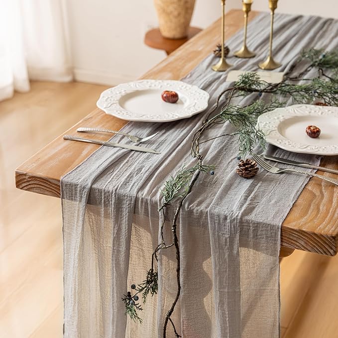 Grey Gauze Rustic Cheesecloth Table Runner 120 Inch 10 FT for Wedding Baby Shower Bridal Shower Birthday Engagement Garden Outdoor Party Long Sheer Boho Decorations-Ruum Studio Home