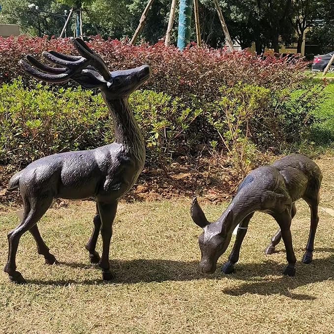 Elegant Pair of Cast Iron Deer Sculptures -22" and 11.4" Tall Male and Female Set for Outdoor Garden Decor, Realistic Animal Statues HC3672-5691-Ruum Studio Home