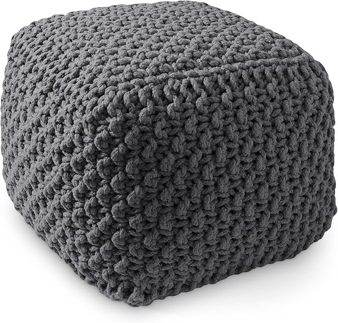 Casafield Square Pouf Ottoman, Dark Gray 18.5" W x 18.5" D x 14.5" H Cotton Knit Foot Stool - Boho Floor Pouffe for Living Room, Bedroom, Home Office-Ruum Studio Home