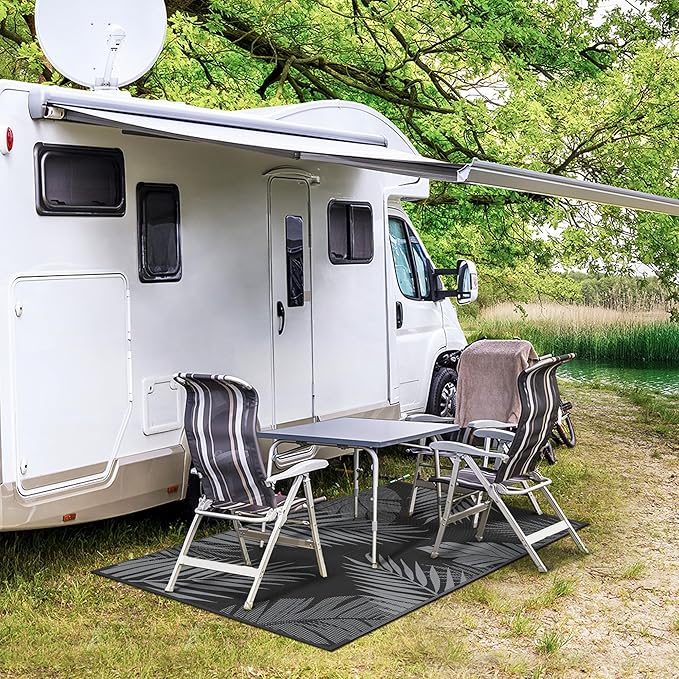 GENIMO Outdoor Rug 3' x 5' Waterproof for Patios Clearance, Reversible Outdoor Plastic Straw Camping Rug Carpet, Large Area Rugs Mats for RV, Camper, Deck, Balcony, Porch, Beach, Picnic, Black&Grey-Ruum Studio Home