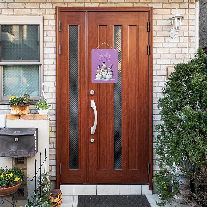 Purple Hello Winter Snowman Hanging Wooden Signs 10x8, Snowman Winter Signs, Winter Door Sign, Purple Snowman Winter Snowflakes Home Room Office Hanging Wall Decor-Ruum Studio Home