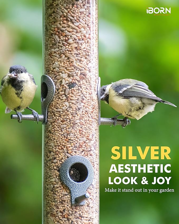 iBorn Metal Bird Feeder Hanging Wild Bird Seed Feeder for Mix Seed Blends Heavy Duty All Metal Silver Finish,14 Inch 6 Port(Seed is not Included)-Ruum Studio Home