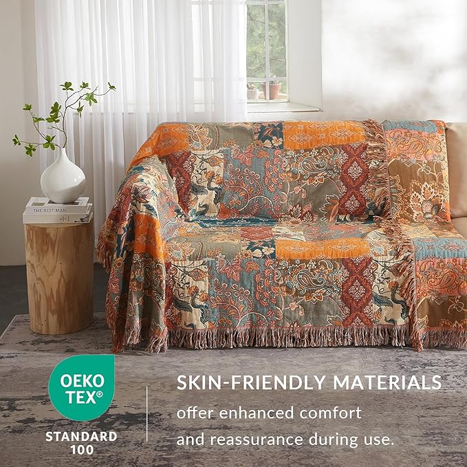 Boho Throw Blanket for Couch Sofa Bed, 100% Cotton Woven Quilt with Tassel 60”x80”, Super Soft Muslin Blanket with Floral Printed, Decorative Reversible Bed Blanket/Cover for All Seasons-Ruum Studio Home