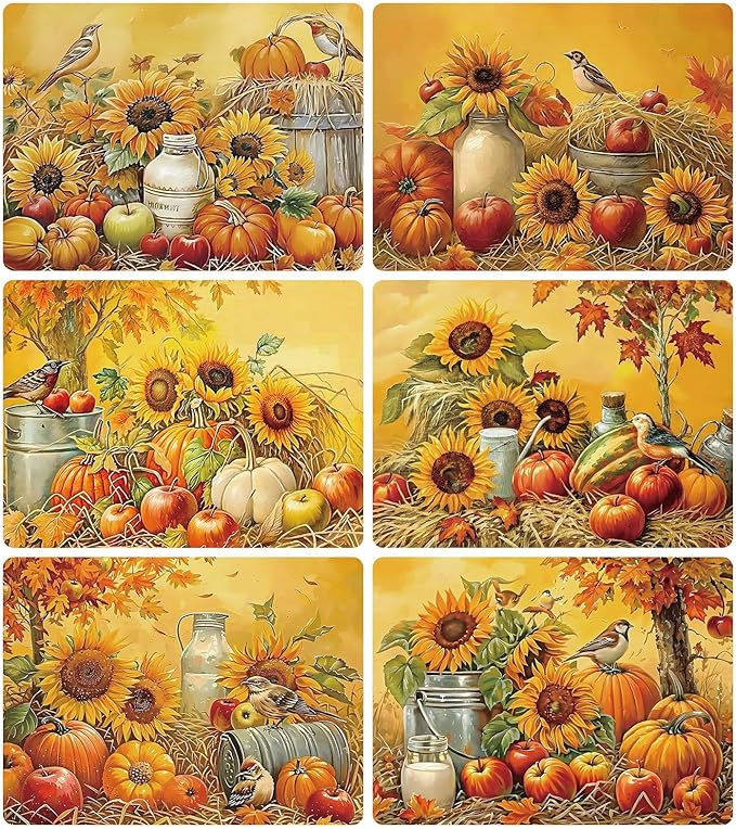 Fall Placemats Set of 6 Thanksgiving Pumpkin Plastic Table Mats Farmhouse Rustic Fall Autumn Place Mats Washable Vinyl Rustic Holiday Table Decoration for Indoor Outdoor Party Kitchen Dining-Ruum Studio Home
