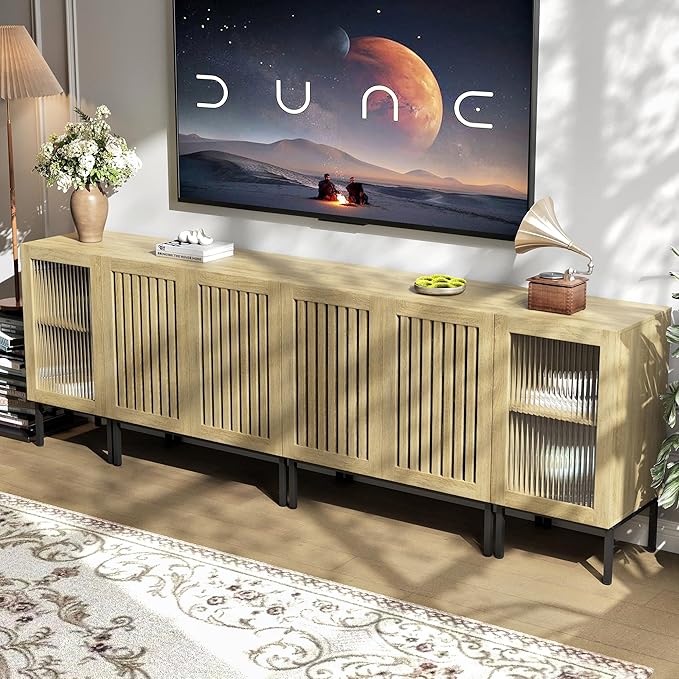Farmhouse TV Stand for TVs up to 100 Inch, Entertainment Center TV Console with Storage Cabinets and Glass Doors,Media Console for Living Room,Oak-Ruum Studio Home