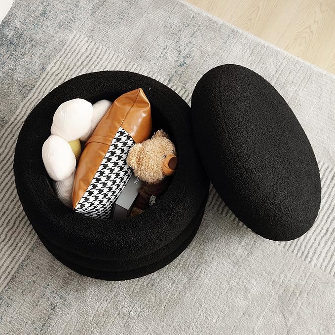 ONEVOG Sherpa Storage Ottoman, Foot Rest Stool Seat for Living Room, Black Vanity Foot Pouf, Tufted Footstool with Removable Lid for Dorm, Bedroom-Ruum Studio Home