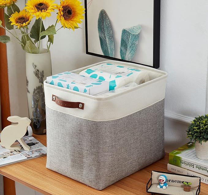 DECOMOMO Storage Baskets | Large Storage Bins 54.5L Fabric Baskets for Organizing Laundry Nursery Toys Cloth Linen Closet Organizers with Handles (Grey and White, XXXL - Jumbo/3P - 17" x 13" x 15")-Ruum Studio Home