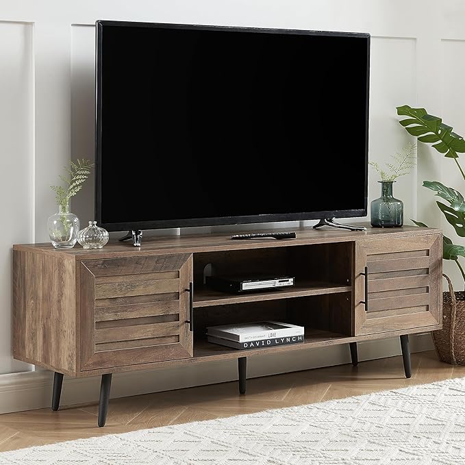 Mid Century Wooden TV Stand Entertainment Console with Open Shelving and 2 Cabinets for Televisions up to 65 Inches(Rustic Oak)-Ruum Studio Home