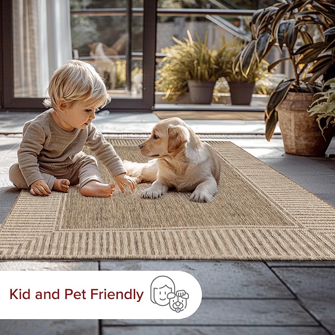 nuLOOM 2x8 Outdoor/Indoor Asha Area Rug, Light Brown, Casual Design With Striped Border, Stain Resistant, Highly Durable, For Patio, Balcony, Bedroom, Living Room, Dining Room, Bathroom-Ruum Studio Home