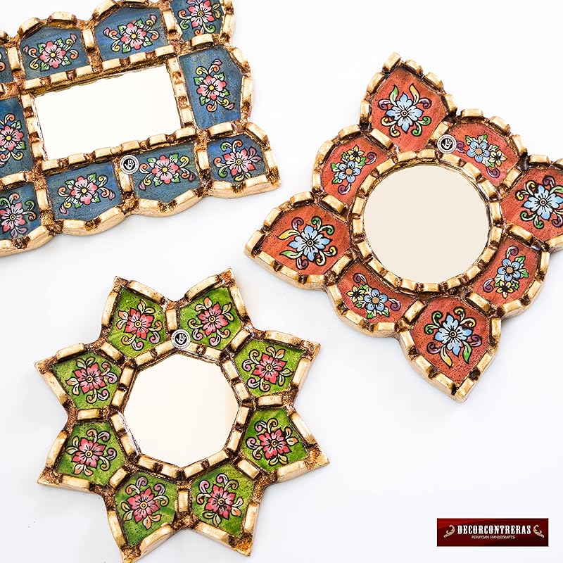 Small Decorative Wall Mirror set of 3 - Accent mirrors of 6in for wall decor, Peruvian Mirrors Vanity with bronze leaf-Ruum Studio Home