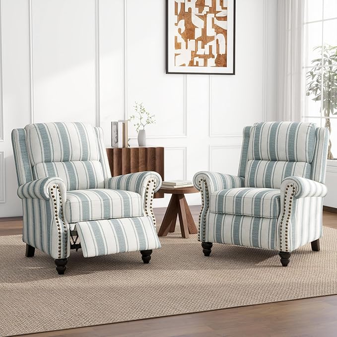 UIXE Pushback Recliner Chairs Set of 2, Fabric Armchair Push Back Accent Chair, Rivet Trim Club Chair Home Theater Overstuffed Single Sofa Reading Seat for Living Room, Stripe Blue-Ruum Studio Home