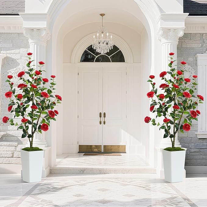 Artificial Camellia Tree 5FT Faux Trees Indoor Fake Floral Plant Blooming Tree with Red Flowers & White Tall Planter, Faux Camellia Plants for Porch Home Room Bedroom Office Front Door Outdoor Decor-Ruum Studio Home