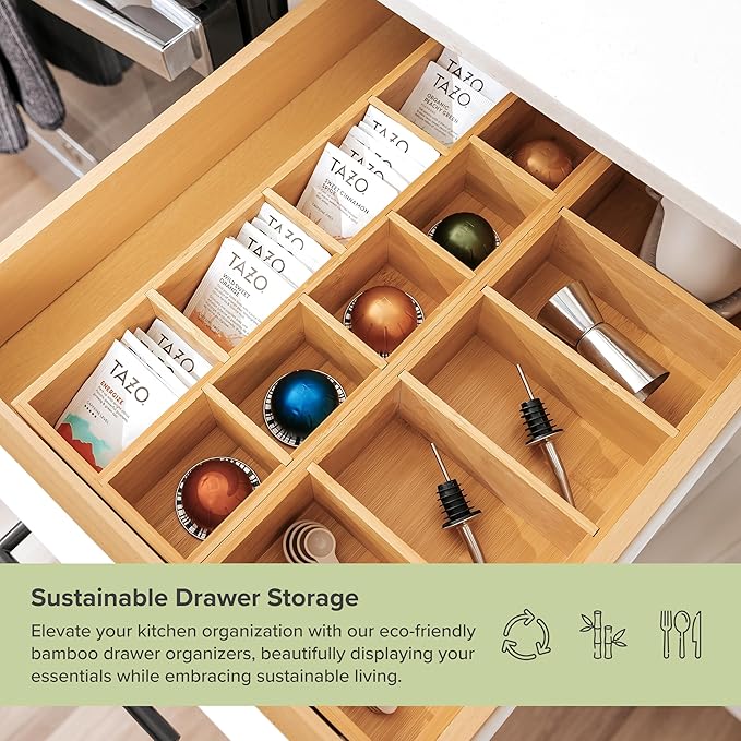 Premium Utensils and Tea Bag Drawer Organizers – 14-Compartment Design with Removable Dividers, Non-Slip Feet, 100% Sustainable Bamboo, 2 Pack-Ruum Studio Home