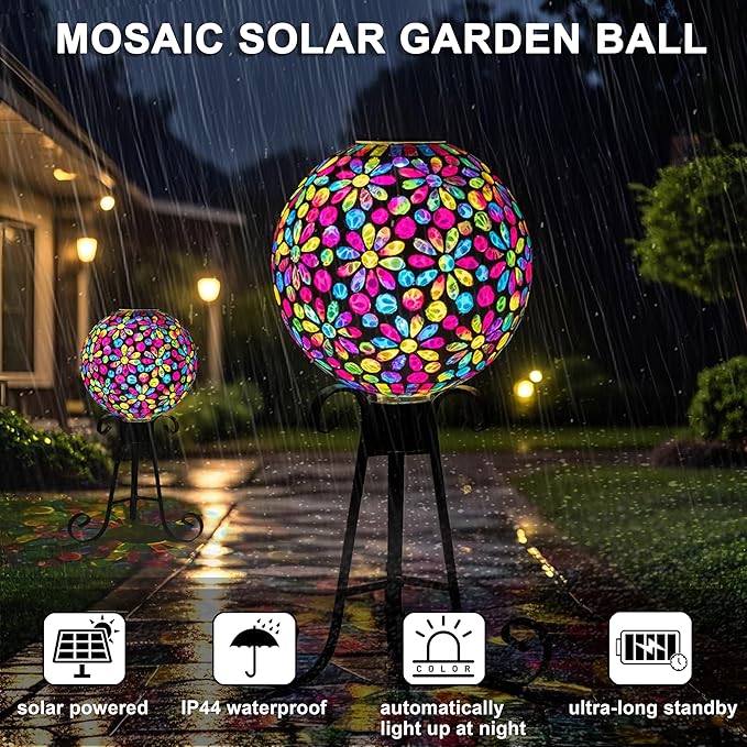 VOREEN 10" Mosaic Glass Gazing Ball with Solar Light, Outdoor Solar Gazing Globe, Handmade IP44 Waterproof Garden Decor Sphere for Patio Yard, Ideal Gift for Mom Wife Friend, Colorful Daisy Design-Ruum Studio Home