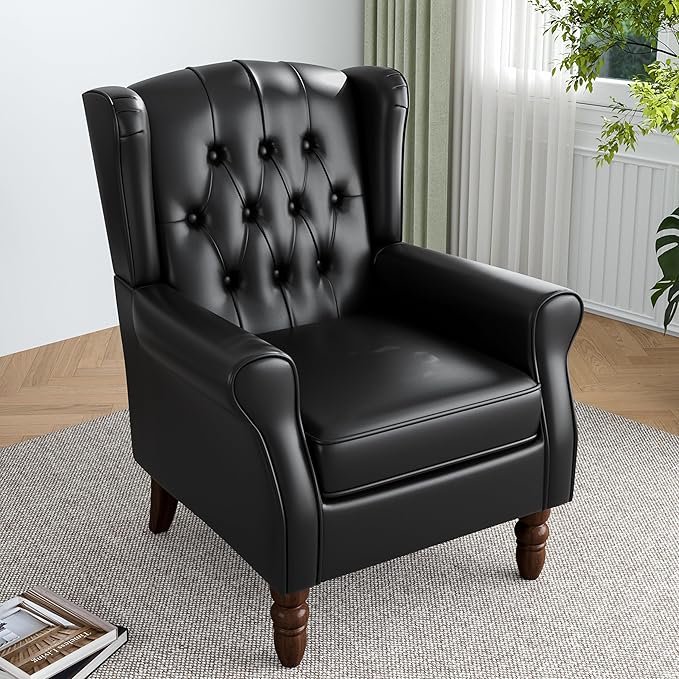 High Back Accent Chair,Upholstered Faux Leather Wingback Armchair with Solid Wood Legs for Small Spaces,Comfy Single Sofa Chair for Living Room,Bedroom,Office-Black-Ruum Studio Home